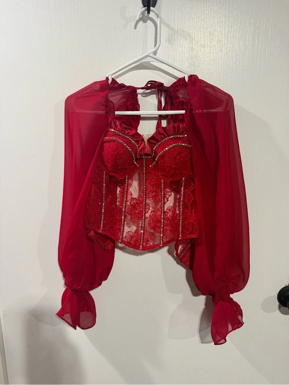 Dance Costume: Red Lace Bustier Top with Sheer Bishop Sleeves & Black Bottoms